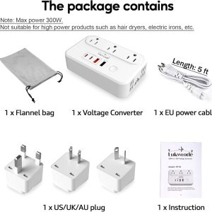 220V to 110V Voltage Converter Universal Travel Adapter with 35W PD 2 USB A Port 2 USB C, US to Europe International Power Converter Combo Plug for Worldwide European US EU AU UK Silver White