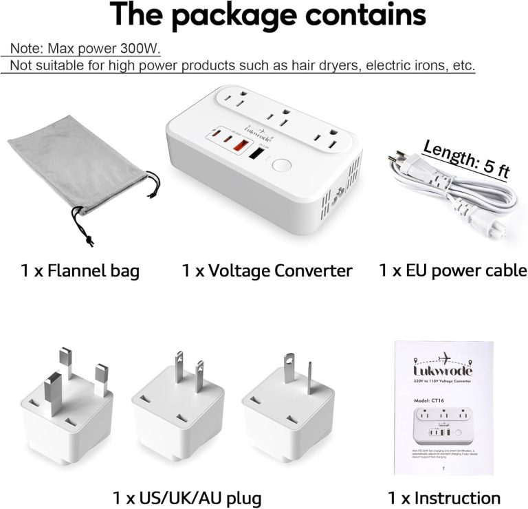 220V to 110V Voltage Converter Universal Travel Adapter with 35W PD 2 USB A Port 2 USB C, US to Europe International Power Converter Combo Plug for Worldwide European US EU AU UK Silver White