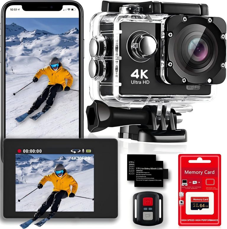 4K 30FPS WiFi Action Camera- 98FT Waterproof Ultra HD Underwater Camera, Image Stabilization, 170° Wide Angle 2.0″ Screen, Sports Camera with 2 Batteries, 64G Memory Card, Mounting Accessories Kit
