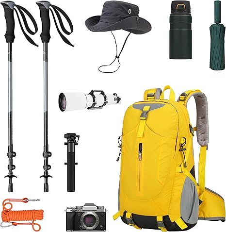 Outdoor Hiking Backpack, Camping, Sports Bag, Cycling, Breathable, Ultra-light, Wear-Resistant, Load-Reducing, Safety Reflective at night, SOS life-saving whistle, 55L Capacity, Unisex. (Yellow)