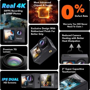 Real 4k30FPS Action Camera Waterproof Dual ColorScreens with WiFi EIS Touch Screen Underwater Sports Camera with External Microphone Remote Control 2X Batteries Eagle i15 ProMax